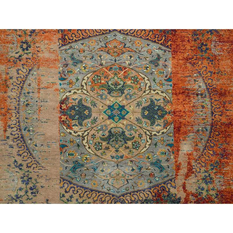 Shahbanu Rugs Metallic Orange, Hand Knotted, Ancient Ottoman Erased